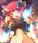  animal_ears bad_id bad_pixiv_id blush bow braid breasts cat_ears clenched_hands dress extra_ears fang fire green_dress hair_bow imokototaisi kaenbyou_rin long_sleeves medium_breasts multicolored multicolored_eyes open_mouth pink_eyes red_eyes red_hair short_hair smile solo spirit touhou twin_braids 