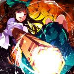  arm_cannon bad_id bad_pixiv_id bow brown_hair hair_bow jouhei long_hair open_mouth red_eyes reiuji_utsuho skirt smile solo touhou weapon wings 