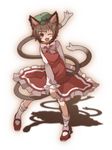  animal_ears bad_id bad_pixiv_id bow brown_hair cat_ears cat_tail chachi_(azuzu) chen earrings hat jewelry multiple_tails one_eye_closed open_mouth short_hair single_earring smile solo tail touhou 