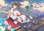  1girl armpits bare_shoulders blue_sky boots breasts brown_eyes cannon cloud detached_sleeves frilled_skirt frills grey_hair hair_between_eyes hair_ornament hairclip hakama hakama_skirt haruna_(kancolle) haruna_kai_ni_(kancolle) headgear japanese_clothes kantai_collection long_hair looking_at_another map_(blue_catty) medium_breasts nontraditional_miko ocean open_mouth outdoors pleated_skirt red_skirt skirt sky solo turret wide_sleeves 