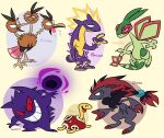 2020 ambiguous_gender amped_toxtricity anthro dodrio english_text flygon generation_1_pokemon generation_2_pokemon generation_3_pokemon generation_5_pokemon generation_8_pokemon gengar grin group hand_sign happy hi_res looking_at_viewer lumspark nintendo open_mouth pokemon pokemon_(species) red_sclera serious shuckle simple_background smile text tongue toxtricity zoroark