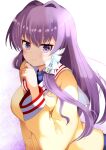  1girl blush clannad closed_mouth commentary_request floating_hair fujibayashi_kyou hair_between_eyes hair_intakes hair_ribbon hand_up hidaka0503 hikarizaka_private_high_school_uniform long_hair long_sleeves looking_at_viewer purple_eyes purple_hair ribbon sailor_collar school_uniform sidelocks simple_background smile solo upper_body very_long_hair white_background white_ribbon white_sailor_collar wide_sleeves 