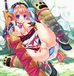  1girl :p aoashira_(armor) armor artist_request arzuros_(armor) blue_eyes blush breasts capcom honey kizuki_erika monster_hunter monster_hunter_portable_3rd orange_hair panties pussy smile solo tongue tongue_out underwear 