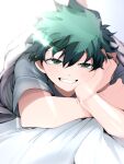  1boy boku_no_hero_academia commentary_request feet_up freckles green_eyes green_hair grin head_rest hei_tai_(kyaputen1) highres light_rays looking_at_viewer lying male_focus midoriya_izuku on_stomach scar scar_on_arm smile solo under_covers 