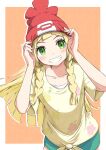  1girl absurdres beanie blonde_hair blush braid collarbone cosplay cowboy_shot floral_print green_eyes green_shorts grin hands_on_headwear hands_on_own_head hat highres leaning_forward lillie_(pokemon) long_hair looking_at_viewer negimiso1989 pokemon pokemon_sm red_headwear selene_(pokemon) selene_(pokemon)_(cosplay) shirt shorts side_braids smile solo tied_shirt twin_braids undershirt yellow_shirt 