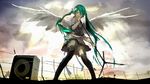  bird fence green_eyes green_hair hatsune_miku highres long_hair loundraw microphone microphone_stand music open_mouth panties singing skirt solo striped striped_panties thighhighs twintails underwear very_long_hair vocaloid wings 