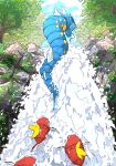 animal_focus aomon_(yuuji7604) blue_sky cloud commentary_request day evolutionary_line fish forest gyarados highres magikarp moss nature no_humans outdoors pokemon pokemon_(creature) rock sky swimming tree water waterfall 