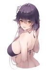  1girl absurdres azuma_(azur_lane) azur_lane bikini black_bikini black_hair blush breasts cleavage cropped_torso floppy_ears flower from_behind hair_between_eyes hair_flower hair_ornament highres large_breasts long_hair looking_at_viewer looking_back open_mouth sea_nami simple_background smile solo swimsuit upper_body white_background 