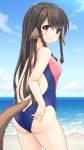  1girl adjusting_clothes adjusting_swimsuit animal_ears ass back bare_arms beach blue_one-piece_swimsuit blue_sky braid brown_hair closed_mouth commentary_request competition_swimsuit cowboy_shot day eyes_visible_through_hair from_behind hair_between_eyes hair_tubes highres light_blush long_hair looking_at_viewer ocean one-piece_swimsuit outdoors paid_reward_available red_eyes rulutieh sky smile solo split_mouth standing straight_hair swimsuit tail tamba_i tareme thighs twin_braids utawarerumono utawarerumono:_itsuwari_no_kamen very_long_hair 