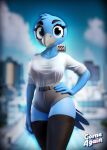 2023 69_(number) ai_generated animal_humanoid anthro avian bird black_eyes blue_body blue_feathers blue_hair blue_skin bottomwear breasts chirper chirpy cities:_skylines clothing comeagainai feathers female hair humanoid looking_at_viewer shirt shorts solo thick_thighs topwear twitter white_clothing white_shirt white_topwear