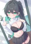  1girl ahoge black_bra black_skirt black_thighhighs blush bra breasts cellphone cleavage clothes_lift colored_inner_hair commentary_request green_eyes green_hair hair_between_eyes highres holding holding_phone indoors lace-trimmed_bra lace_trim large_breasts long_hair long_sleeves looking_at_mirror mikaze_oto miniskirt mirror multicolored_hair navel one_side_up original parted_lips phone plant pleated_skirt potted_plant selfie skirt smartphone solo stomach streaked_hair sweat sweater sweater_lift thighhighs two-tone_hair underwear white_sweater zettai_ryouiki 