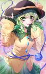  1girl :p absurdres black_headwear bow buttons commentary cowboy_shot diamond_button floral_print frilled_shirt_collar frilled_sleeves frills green_hair green_nails green_skirt hand_on_headwear hand_up hat hat_bow hat_ribbon heart heart_in_eye heart_of_string highres komeiji_koishi long_hair long_sleeves looking_at_viewer nyarocks ribbon rose_print shirt skirt sleeves_past_fingers sleeves_past_wrists smile solo symbol_in_eye third_eye tongue tongue_out touhou wide_sleeves yellow_ribbon yellow_shirt 