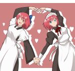  2girls apron black_dress blue_eyes blue_ribbon brown_eyes dress drop_shadow heart hirakawa hisui_(tsukihime) holding_hands japanese_clothes juliet_sleeves kimono kohaku_(tsukihime) long_sleeves maid maid_apron maid_headdress mixed_maids multiple_girls puffy_sleeves red_hair red_ribbon ribbon siblings sisters tsukihime twins wa_maid white_apron 