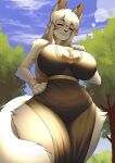absurd_res aki_(teranen) anthro anubian_jackal big_breasts breasts canid canine canis clothing curvy_figure dress ear_piercing ear_ring female fur hair hi_res huge_breasts jackal jewelry mammal nikowhith piercing ring_piercing smile solo tail thick_thighs white_body white_fur wide_hips