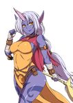  attp bad_id bad_pixiv_id bandages bare_hips bare_shoulders blue_skin breasts earrings hips horn jewelry large_breasts league_of_legends long_hair necklace pointy_ears purple_skin side_slit solo soraka staff thighs very_long_hair white_background white_hair wide_hips yellow_eyes 
