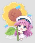  1girl 2019 :d artist_name blue_sailor_collar blush_stickers bow chibi commentary_request dated dress fang flower grey_background grey_eyes hair_between_eyes hat holding holding_flower hoshimame_mana katou_umi leaf long_hair looking_up open_mouth purple_hair sailor_collar sailor_dress sailor_hat sandals simple_background skin_fang sleeveless sleeveless_dress smile solo sparkle summer_pockets sunflower two_side_up white_dress white_headwear yellow_bow 
