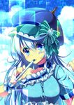  absurdres bad_id bad_pixiv_id blue_eyes blue_hair bow character_name copyright_name hat highres holding long_hair looking_at_viewer nyori off_shoulder pen pixiv pixiv-tan solo upper_body wrist_cuffs 
