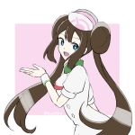  1girl ascot blue_eyes brown_hair commentary_request double_bun hair_bun haru_(haru4782) highres looking_at_viewer official_alternate_costume open_mouth pink_background pokemon pokemon_masters_ex rosa_(pokemon) rosa_(special_costume)_(pokemon) solo twitter_username upper_body white_ascot wristband 