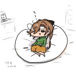  1girl akigumo_(kancolle) bean_bag_chair brown_hair cold_pack computer curse_(023) green_sweater kantai_collection laptop long_hair nose_bubble official_alternate_costume orange_skirt skirt sleeping solo sweater zzz 