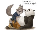 absurd_res anthro bear blush canid canine clothed clothing corsac_fox dialogue digital_media_(artwork) digital_painting_(artwork) dreamworks duo embarrassed english_text female fox fur giant_panda grey_body hareluca hi_res kung_fu_panda male mammal master_po_ping on_top_of_belly overweight simple_background tail text zhen_(kung_fu_panda)