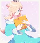  1girl blonde_hair blue_dress blue_eyes closed_mouth crown dress earrings hair_over_one_eye highres indisk_irio jewelry long_hair long_sleeves looking_at_viewer luma_(mario) mario_(series) purple_nails rosalina star_(symbol) star_earrings super_mario_galaxy twitter_username upper_body 