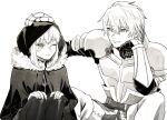  1boy 1girl armor breastplate cheeeeese0619 cloak closed_mouth fate_(series) fur-trimmed_cloak fur_trim gauntlets gray_(fate) greyscale hand_on_another&#039;s_head highres hood hooded_cloak kay_(fate) light_smile looking_at_another lord_el-melloi_ii_case_files monochrome one_eye_closed pantyhose short_hair sidelocks skirt 