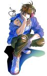  1boy absurdres bae_(baebae) blue_shirt brown_eyes brown_hair collared_shirt covering_mouth denim full_body green_pants hand_over_own_mouth headphones highres jeans long_sleeves looking_to_the_side male_focus pants plaid plaid_shirt rukawa_kaede shadow shirt shoes short_hair simple_background single_off_shoulder slam_dunk_(series) sleeves_rolled_up sneakers solo squatting tank_top torn_clothes torn_jeans torn_pants white_background white_footwear white_tank_top 