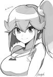  1girl aina_ardebit breasts cleavage closed_mouth collarbone greyscale hair_between_eyes highres large_breasts looking_at_viewer monochrome promare side_ponytail smile solo takatsuki_ichi upper_body 