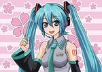  aqua_hair detached_sleeves green_eyes hatsune_miku headset long_hair looking_at_viewer necktie open_mouth pointing solo twintails vocaloid zenryoku_natsuyasumi 