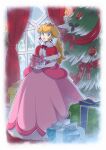  1girl blonde_hair blue_eyes box candle christmas christmas_tree crown dress earrings elbow_gloves fire full_body fur-trimmed_poncho gift gift_box gloves highres holding holding_gift indoors jewelry long_hair looking_at_viewer mario_(series) pink_dress princess_peach red_curtains red_poncho saiwo_(saiwoproject) solo sphere_earrings white_gloves 