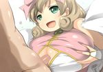  1girl breasts brown_hair chirumakuro green_eyes happy_sex haruka_(senran_kagura) huge_breasts open_mouth paizuri paizuri_under_clothes penis penis_under_clothes senran_kagura short_hair smile uncensored 