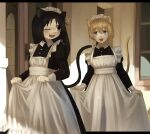  2girls :3 animal_ears apron_hold black_dress black_eyes black_hair blonde_hair blue_eyes cat_ears cat_girl cat_tail commentary door dress highres long_hair mafurara maid maid_headdress multiple_girls one_eye_closed open_mouth original sidelocks smile tail wa_maid window 