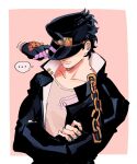  black_hair closed_mouth commentary crossed_arms english_commentary gakuran hand_on_headwear hat hat_over_eyes highres jojo_no_kimyou_na_bouken kujo_jotaro male_focus oratoza pink_background pink_shirt school_uniform shirt short_hair simple_background t-shirt upper_body 