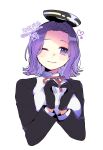  1girl artist_logo black_gloves collared_shirt dated dress_shirt eto_(etonomemo1008) gloves hair_intakes halo highres kantai_collection mechanical_halo one-hour_drawing_challenge one_eye_closed purple_eyes purple_hair school_uniform shirt short_hair simple_background smile solo tatsuta_(kancolle) twitter_username upper_body white_background white_shirt 