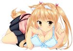  animal_ears azure_(capriccio) bad_id bad_pixiv_id bare_shoulders blonde_hair blush bra breasts brown_eyes cleavage dog_ears dog_tail large_breasts long_hair looking_at_viewer lying on_stomach original simple_background skirt smile socks solo striped striped_bra tail twintails underwear white_background yellow_eyes 