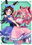  absurdres adjusting_eyewear alternate_costume bespectacled black_hair blush bow breasts closed_mouth dress freely2327 glasses hair_bow haru_urara_(umamusume) highres horse_girl leg_up long_hair looking_at_viewer open_mouth pointing pointing_at_self ponytail purple_eyes ribbon rice_shower_(umamusume) shoes small_breasts umamusume 