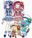  1boy 1girl blue_eyes crossdressing earrings green_eyes hair_ribbon highres idol james_(pokemon) jessie_(pokemon) jewelry macchiromomomo meowth one_eye_closed open_mouth otoko_no_ko poke_ball pokemon pokemon_(anime) pokemon_(creature) ribbon smile white_background 