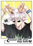  1boy animal_ears arms_up black_shirt blue_eyes bracelet bright_pupils candy closed_mouth colored_eyelashes commentary english_text food goat_boy goat_ears goat_horns gojou_satoru holding holding_food holding_ice_cream horizontal_pupils horns ice_cream jewelry jujutsu_kaisen kemonomimi_mode lollipop looking_at_viewer male_focus mouth_hold necklace pendant prison_realm_(jujutsu_kaisen) sashiyu shirt short_hair short_sleeves signature speech_bubble symbol-only_commentary t-shirt upper_body watch white_hair white_pupils wristwatch yellow_background 