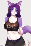 abs belt blue_eyes bottomwear breasts cleavage clothed clothing fur guide_lines hair hands_behind_back hi_res looking_at_viewer murfa navel open_clothing organs purple_body purple_fur purple_hair shorts sketch solo stomach topwear white_body white_fur