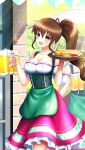  1girl :d apron beer_mug breasts brown_eyes brown_hair cleavage collarbone cup day detached_sleeves doukyuusei doukyuusei_another_world food game_cg german_clothes green_apron hair_between_eyes hair_ribbon holding holding_plate large_breasts long_hair long_skirt mug open_mouth outdoors plate ponytail red_ribbon red_skirt ribbon shirt short_sleeves skirt smile solo_focus tanaka_misa underbust very_long_hair waist_apron white_shirt white_sleeves 