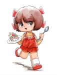  1girl black_jack_(series) bow brown_eyes brown_hair cake cake_slice dress food fruit full_body hair_bow highres holding holding_plate holding_spoon long_sleeves looking_ahead multiple_hair_bows oldkin open_mouth pinafore_dress pinoko plate red_bow red_dress red_footwear shirt short_hair simple_background sleeveless sleeveless_dress socks solo spoon star_(symbol) star_in_eye strawberry strawberry_shortcake symbol_in_eye traditional_media walking white_background white_socks yellow_shirt 
