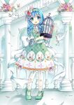  1girl bird birdcage blue_eyes cage date_a_live dress eyepatch feathers flower frilled_dress frills green_footwear gyaza headband indoors lolita_fashion multicolored_clothes multicolored_dress open_mouth puffy_sleeves ribbon solo striped striped_ribbon yoshino_(date_a_live) yoshinon 