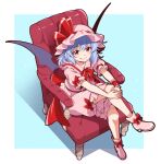  1girl bat_wings blue_hair dress eichi_yuu frilled_dress frilled_headwear frills full_body hat hat_ribbon looking_at_viewer mob_cap on_chair pink_dress pointy_ears puffy_short_sleeves puffy_sleeves red_eyes red_ribbon remilia_scarlet ribbon short_hair short_sleeves sitting smile solo touhou wings 