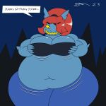 absurd_res anthro belly big_breasts black_clothing black_shirt black_tank_top black_topwear blue_body blue_skin breasts clothing dirtymac eye_patch eyewear female fish hair hi_res huge_breasts marine ponytail red_hair shark shirt tank_top topwear undertale undertale_(series) undyne vore weight_gain yellow_eyes