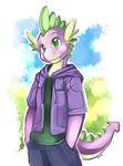  clothing dragon ende fangs friendship_is_magic green_eyes hoodie male my_little_pony purple_scales scalie solo spike_(mlp) 