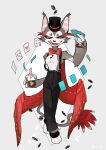 4_fingers anthro biped card clothed clothing eyebrows feathered_wings feathers felid feline fingers fur hazbin_hotel hi_res husk_(hazbin_hotel) kun_blackcat male mammal playing_card solo tail tongue tongue_out wings
