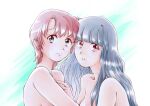  2girls blue_eyes blue_hair commentary couple deviantart_logo ear_piercing english_commentary hug long_hair looking_at_viewer multiple_girls neko_mari nude original out-of-frame_censoring parted_lips piercing purple_eyes red_hair short_hair smile upper_body watermark 