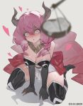  1girl absurdres aura_(sousou_no_frieren) balance_scale black_thighhighs blurry blurry_foreground blush breasts cleavage clothing_cutout crying crying_with_eyes_open demon_horns elbow_gloves full_body gloves heart heart-shaped_pupils highres horns large_breasts long_hair navel_cutout parted_lips pink_eyes pink_hair prisoners_book_(artist) simple_background solo sousou_no_frieren sweat symbol-shaped_pupils tears thighhighs war weighing_scale white_background 