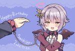  1girl 1other 2022 :3 :d animal_collar bare_shoulders black_wings blush chain chain_leash character_name clothing_cutout collar commentary_request dated elbow_gloves fake_wings fang gloves grey_hair hair_between_eyes hair_intakes half-closed_eyes hano_haruka happy_birthday heart heart-shaped_pupils heart_cutout idolmaster idolmaster_cinderella_girls koshimizu_sachiko leash looking_at_another naughty_face open_mouth pinky_out purple_background short_hair simple_background smile solo_focus symbol-shaped_pupils upper_body wings yellow_eyes 