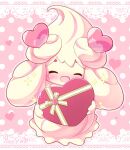 2021 alcremie ambiguous_gender blush candy_hearts cotora cream_(food) eyes_closed food food_creature food_humanoid front_view full-length_portrait generation_8_pokemon gift happy heart_box hi_res holidays humanoid nintendo not_furry nude offering_to_viewer open_mouth open_smile outline pattern_background pokemon pokemon_(species) portrait ribbons simple_background smile solo sparkles standing valentine&#039;s_day